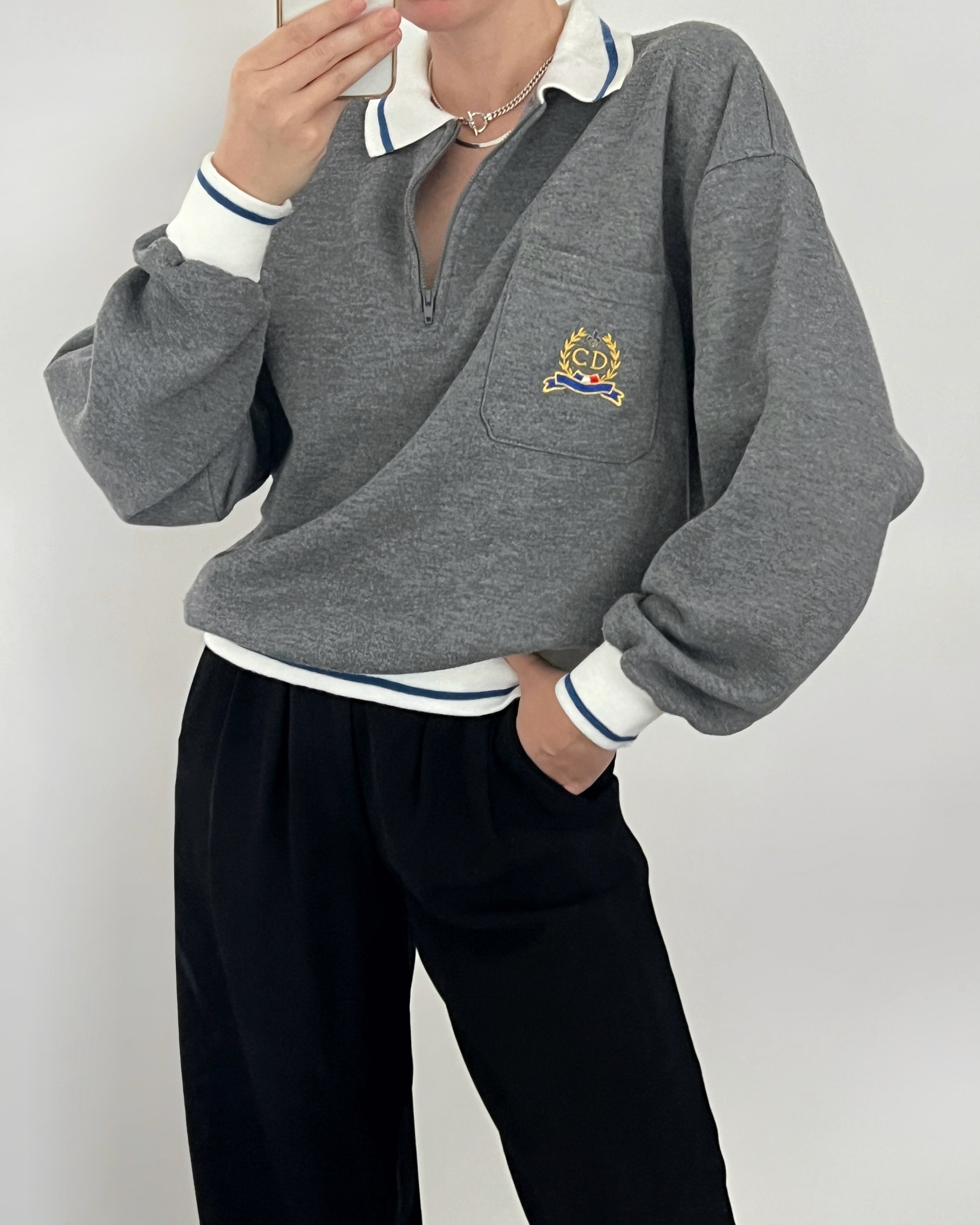 Vintage Christian Dior Charcoal Crest Zip Sweater