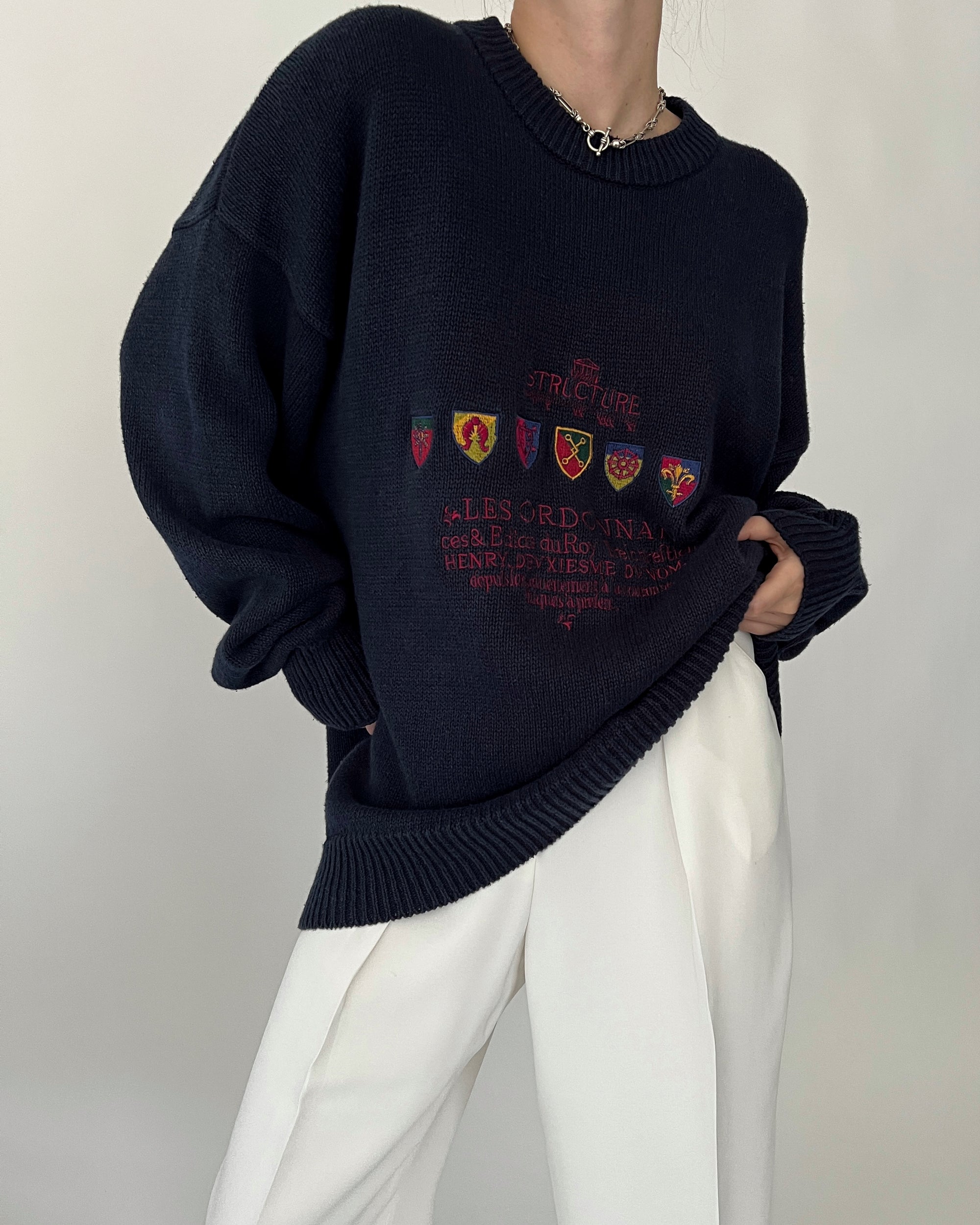 Vintage Navy French Crest Knit Sweater