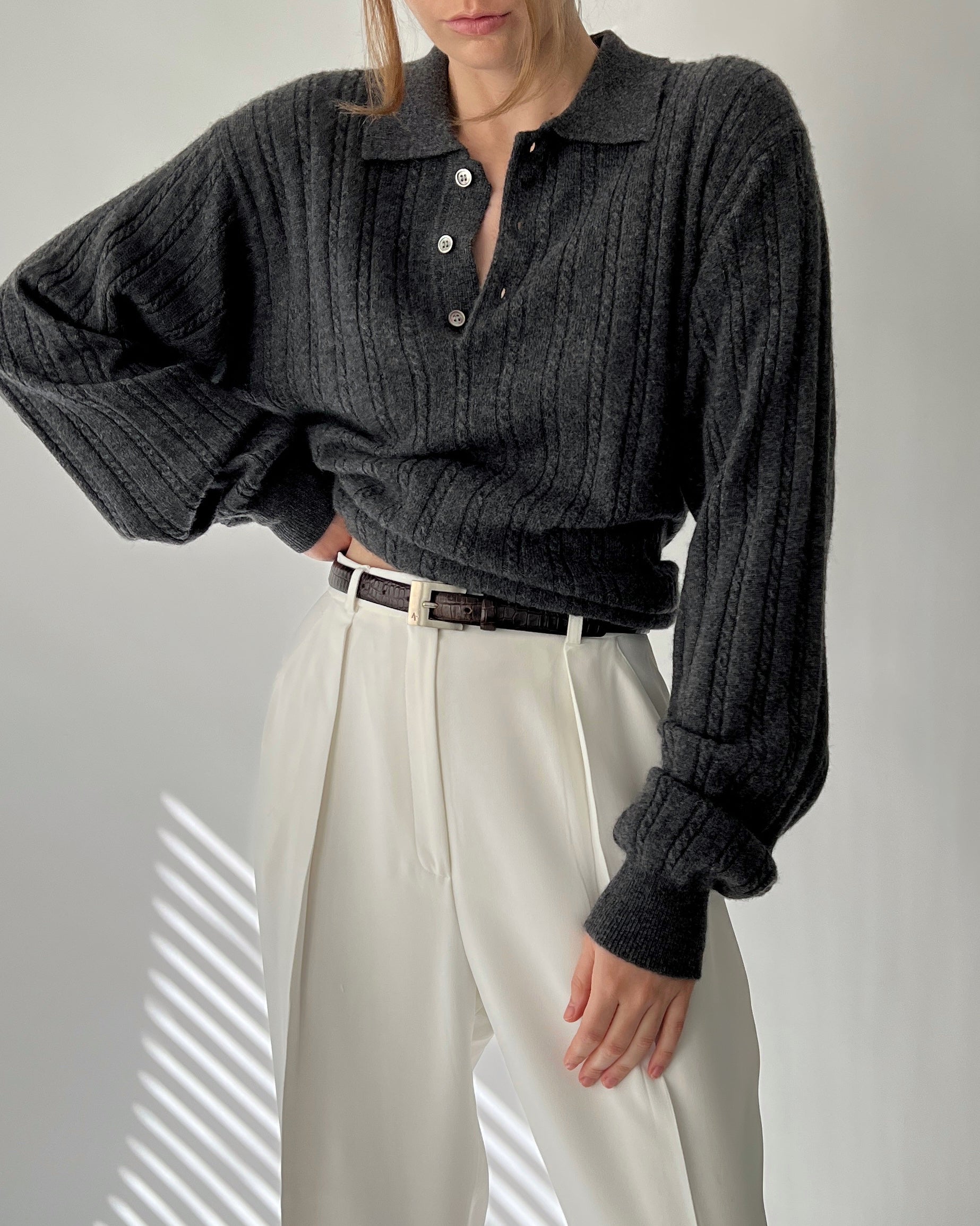 Vintage Graphite Cashmere Collared Sweater