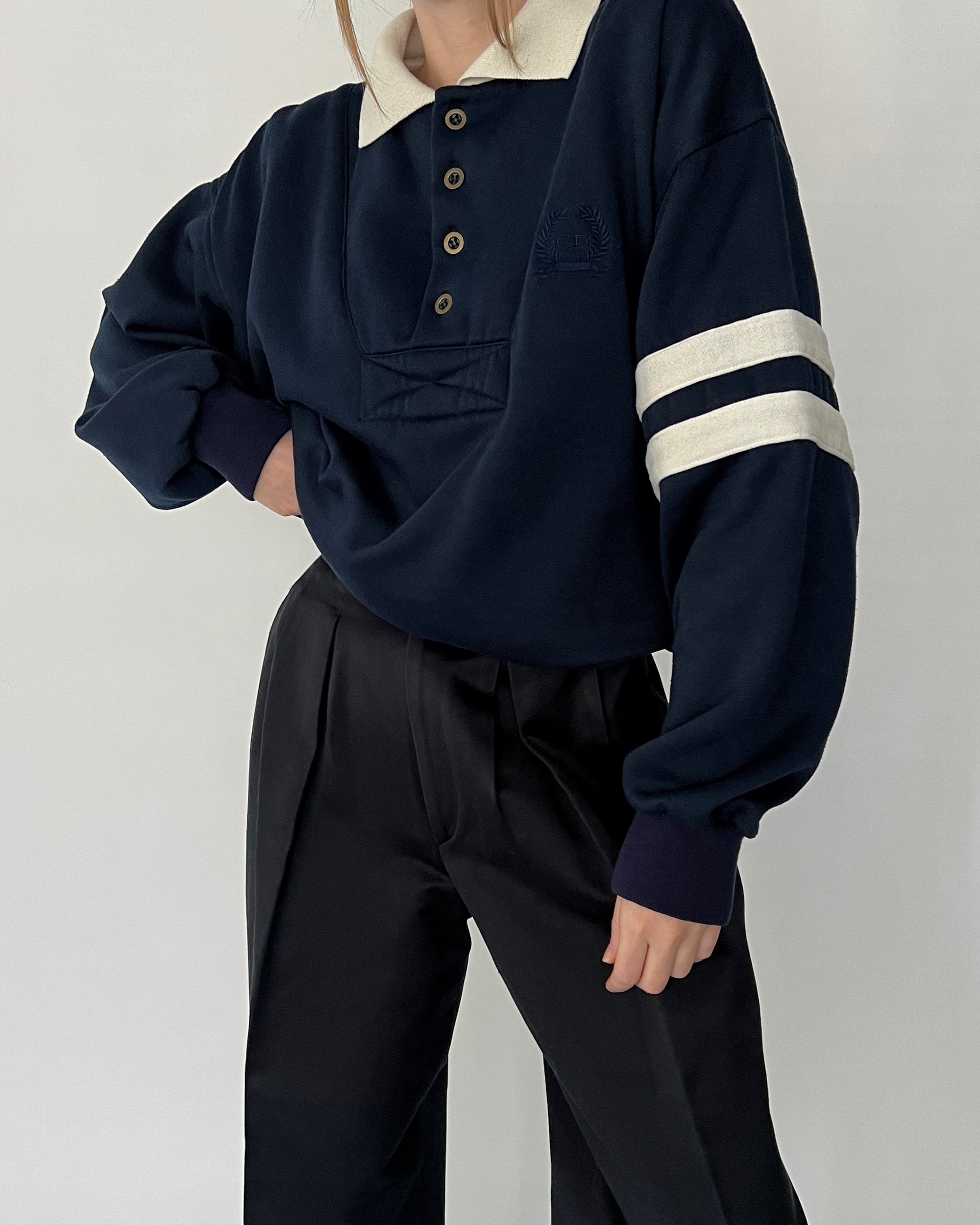 Vintage Christian Dior Navy Crest Henley Sweater